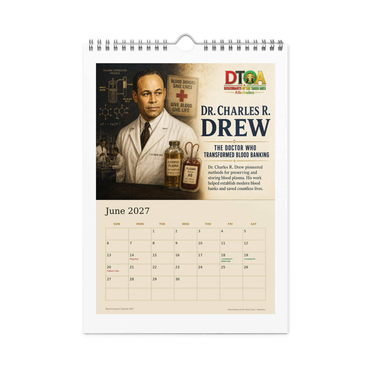 Black Innovators 2027 wall calendar — June page featuring Dr. Charles R. Drew, pioneer of blood plasma storage