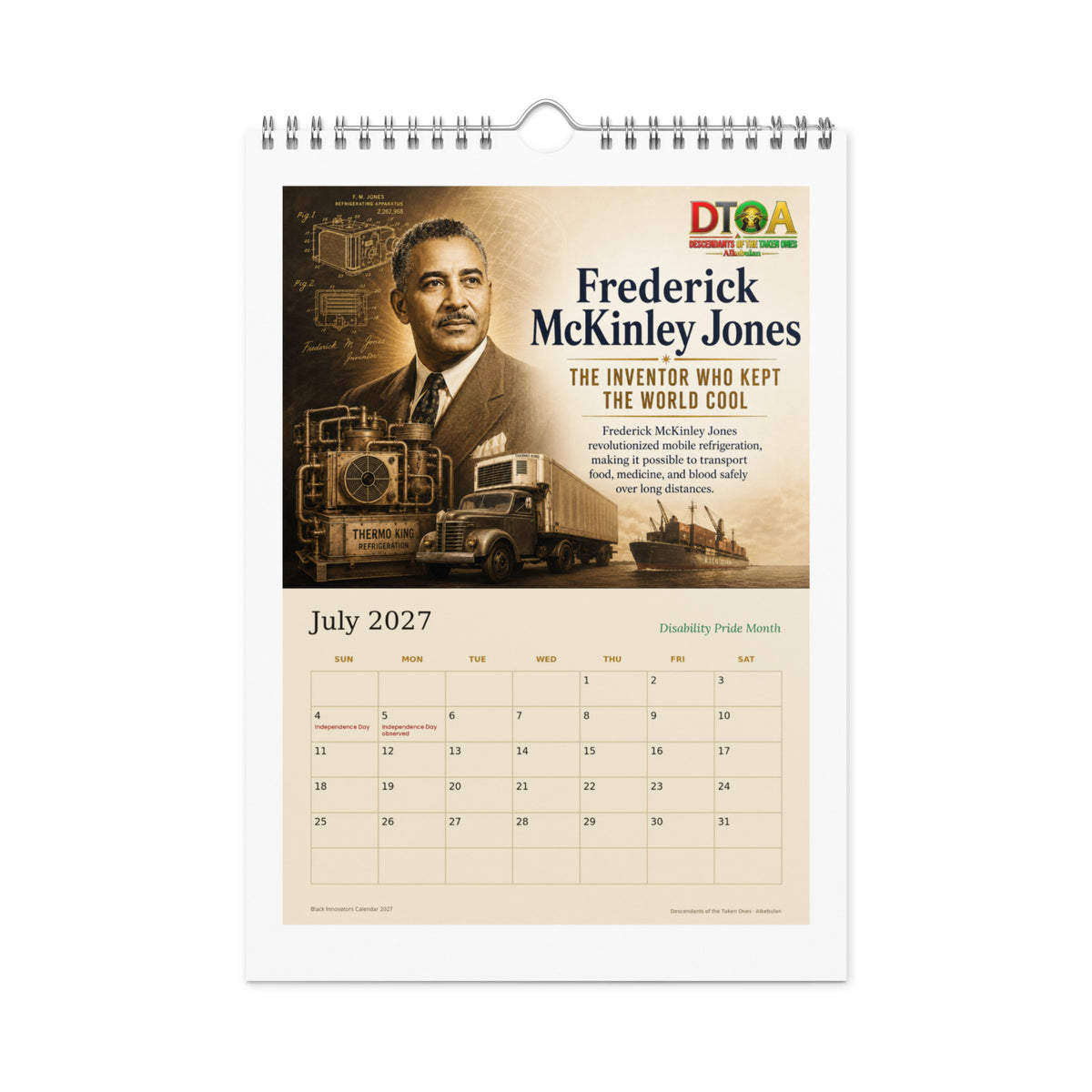Black Innovators 2027 wall calendar — July page featuring Frederick McKinley Jones, inventor of mobile refrigeration