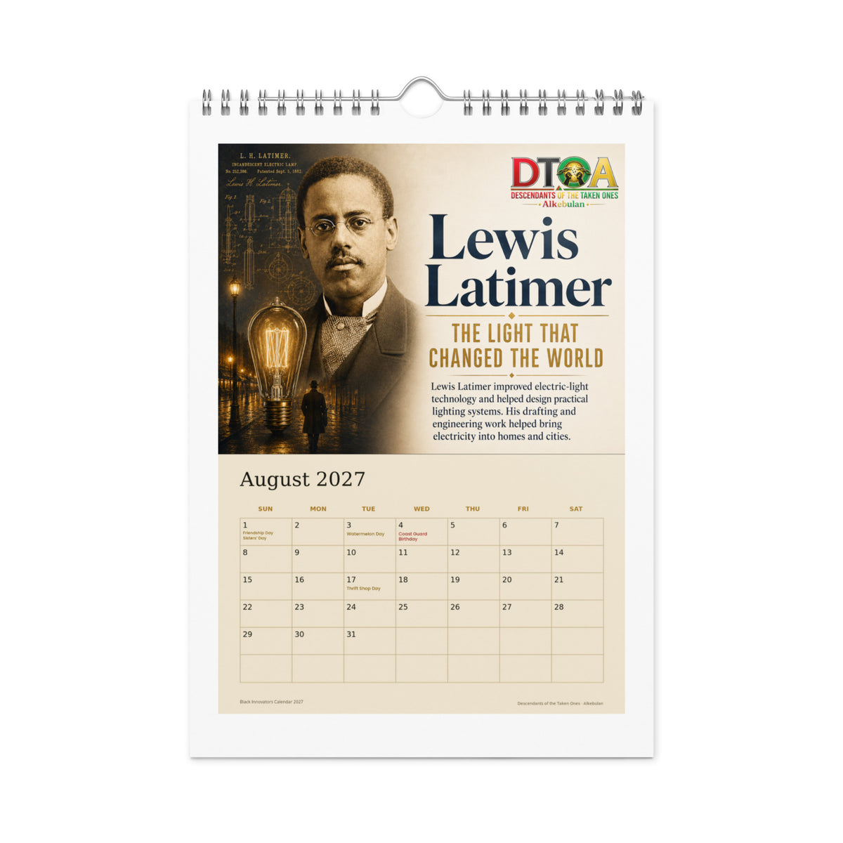 Black Innovators 2027 wall calendar — August page featuring Lewis Latimer, whose carbon filament changed the light bulb
