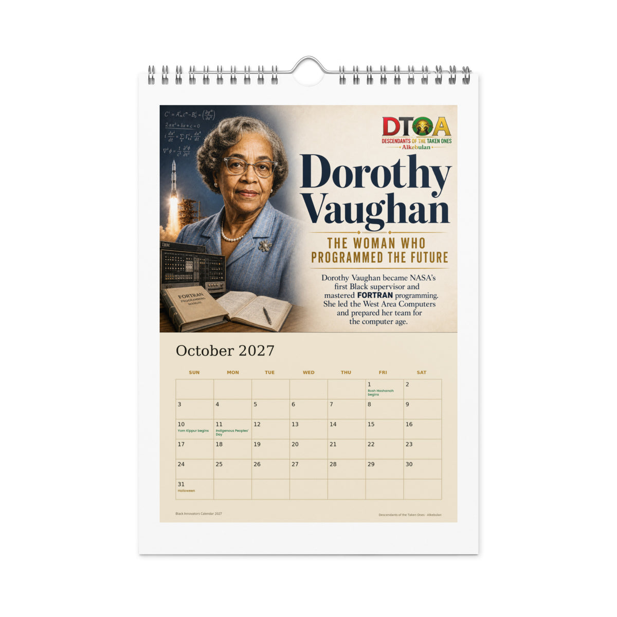 Black Innovators 2027 wall calendar — October page featuring Dorothy Vaughan, NASA mathematician and computing pioneer