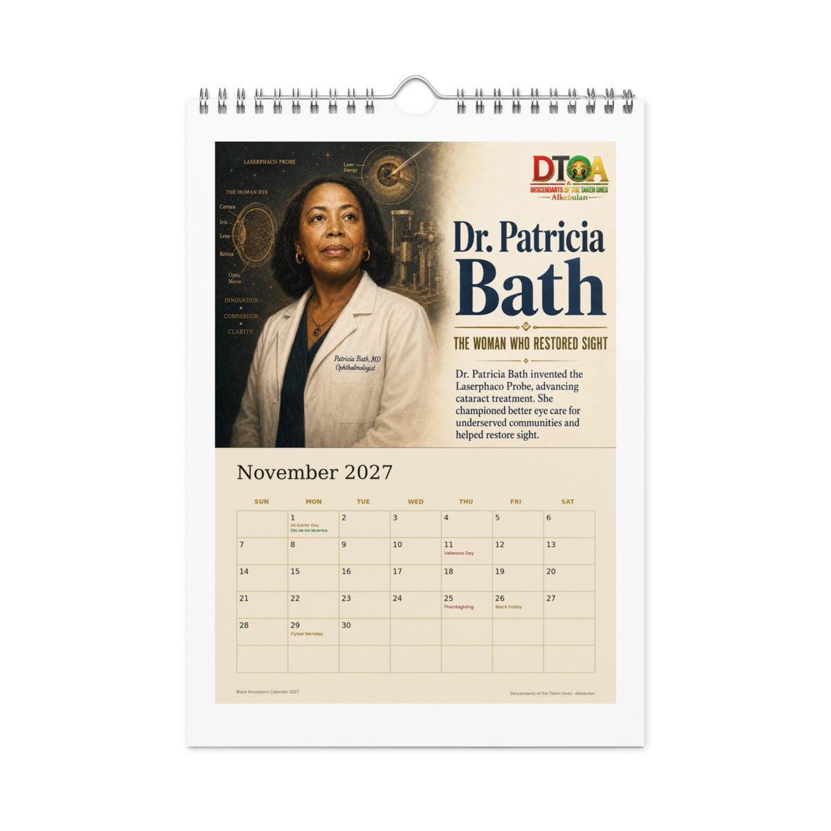 Black Innovators 2027 wall calendar — November page featuring Dr. Patricia Bath, inventor of laser cataract surgery