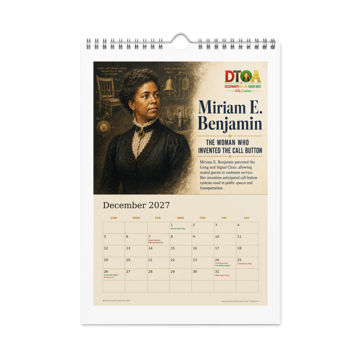 Black Innovators 2027 wall calendar — December page featuring Miriam E. Benjamin, the woman who invented the call button