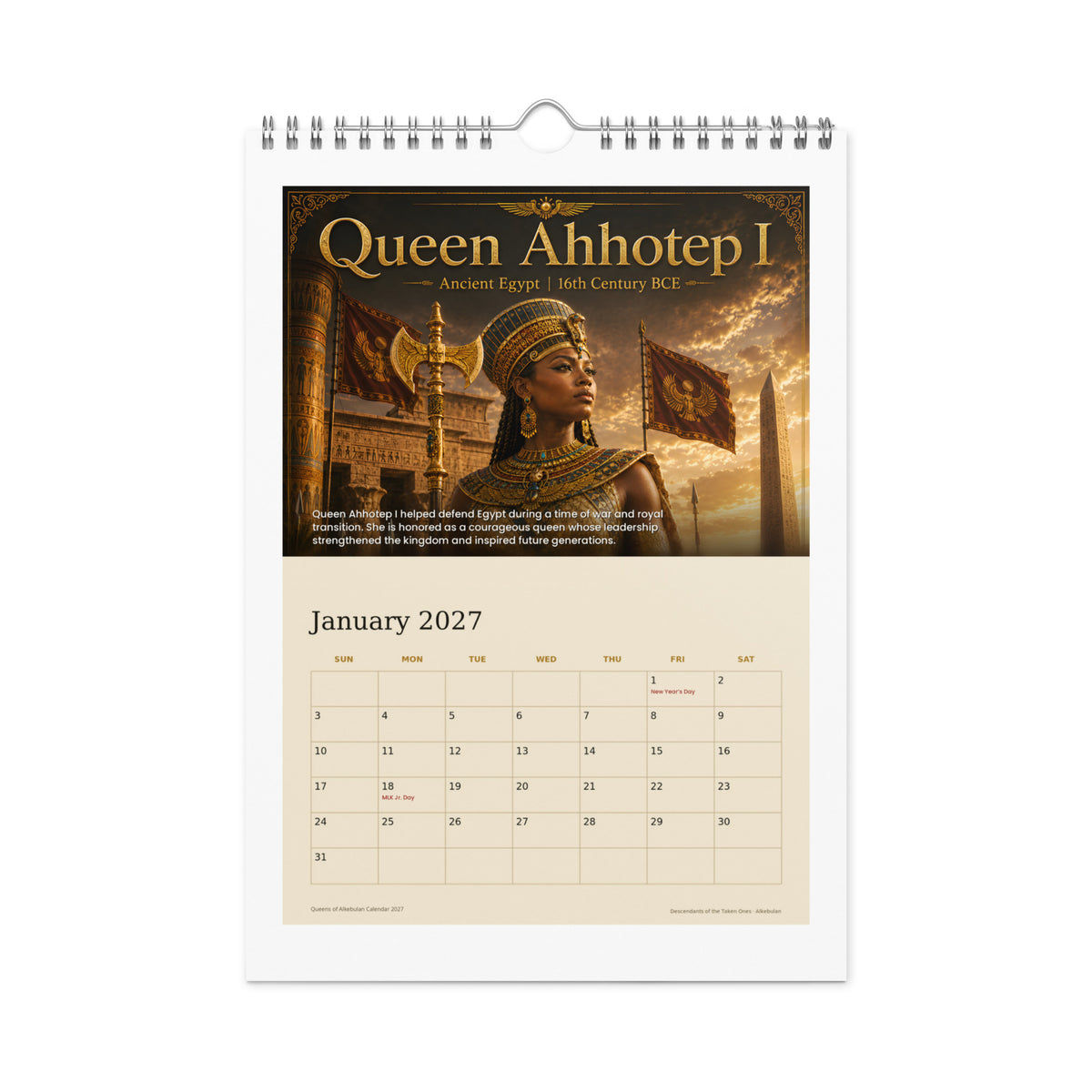 Queens of Alkebulan 2027 wall calendar — January page featuring Queen Ahhotep I of Ancient Egypt