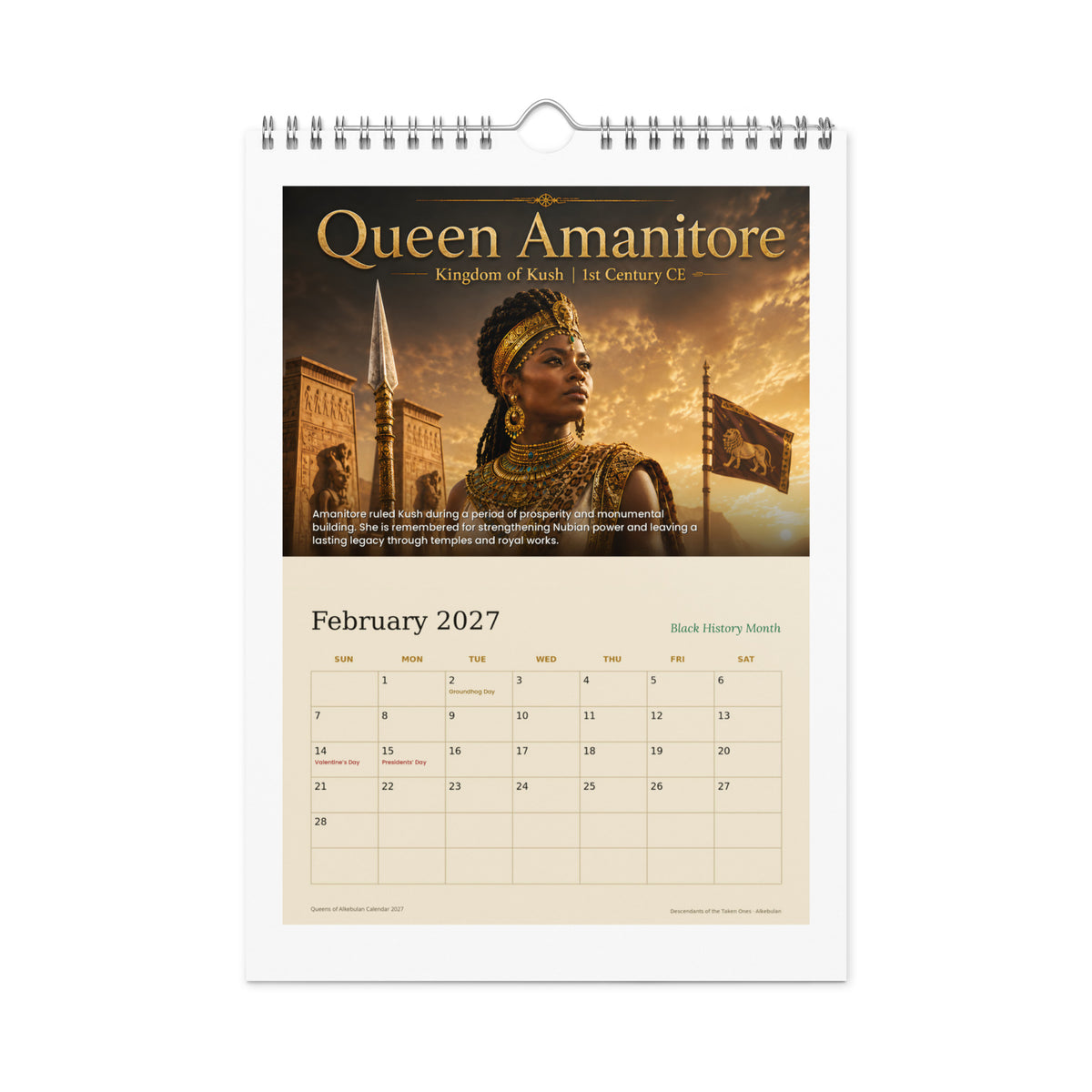 Queens of Alkebulan 2027 wall calendar — February page featuring Queen Amanitore of the Kingdom of Kush