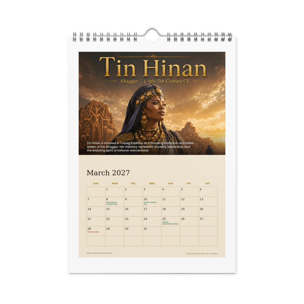 Queens of Alkebulan 2027 wall calendar — March page featuring Tin Hinan of the Ahaggar