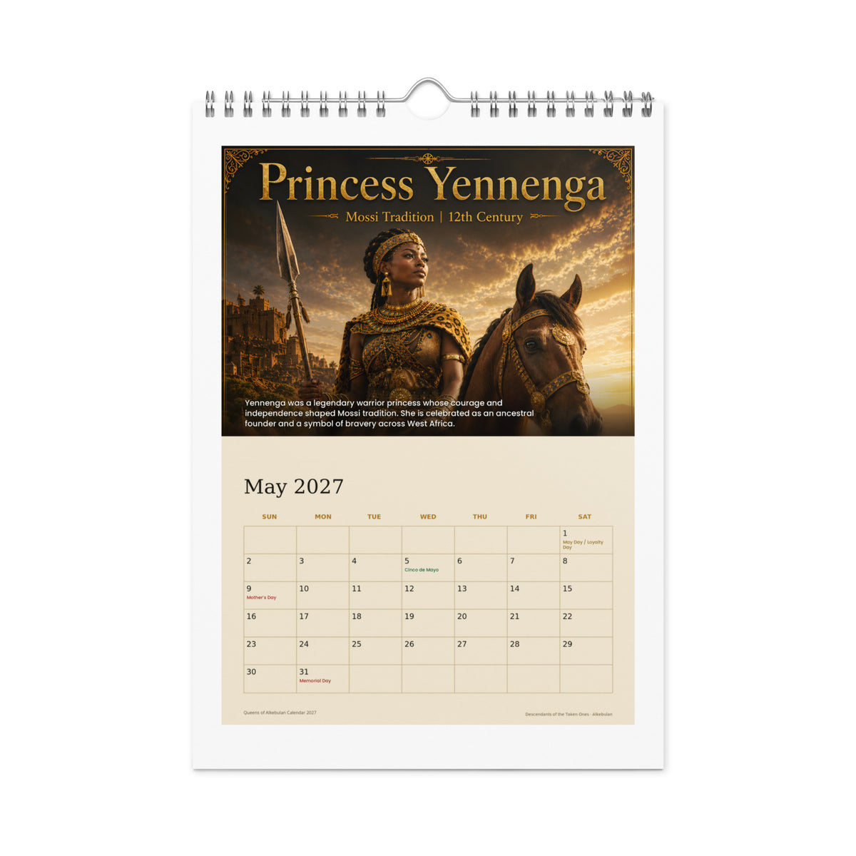 Queens of Alkebulan 2027 wall calendar — May page featuring Princess Yennenga of Mossi tradition