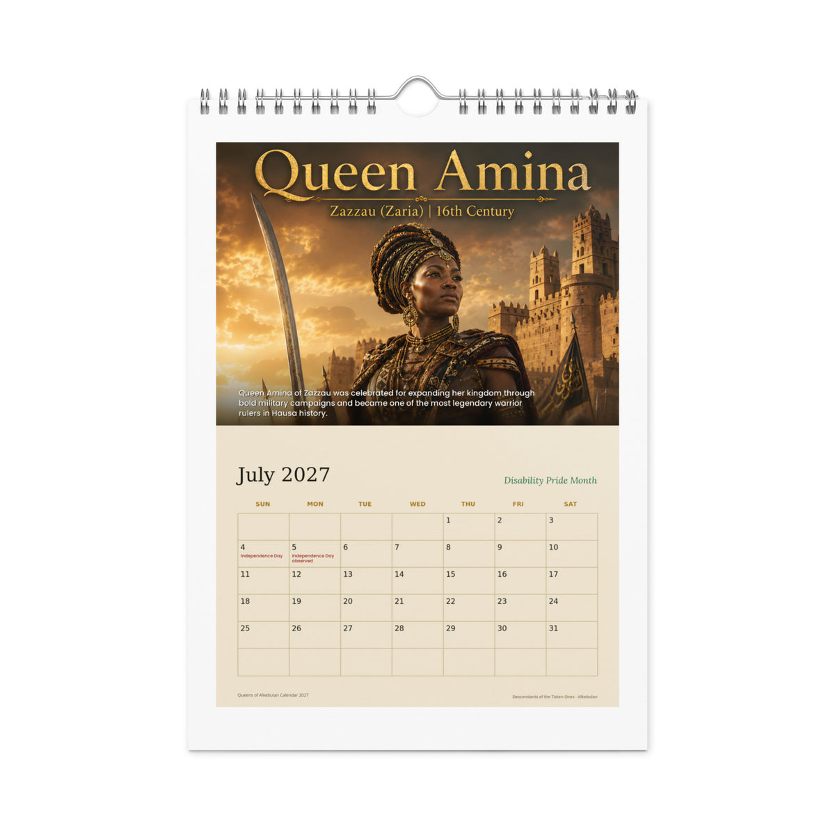 Queens of Alkebulan 2027 wall calendar — July page featuring Queen Amina of Zazzau