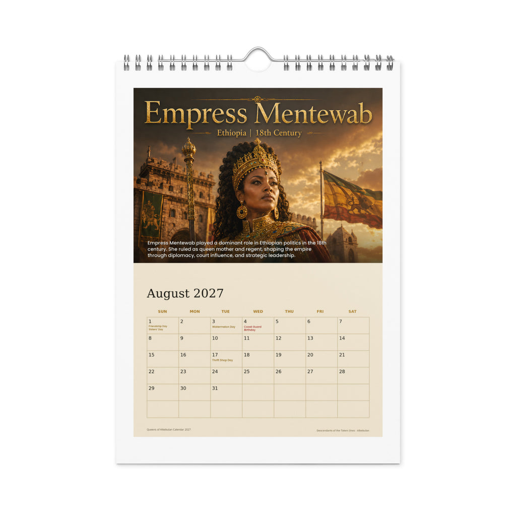 Queens of Alkebulan 2027 wall calendar — August page featuring Empress Mentewab of Ethiopia