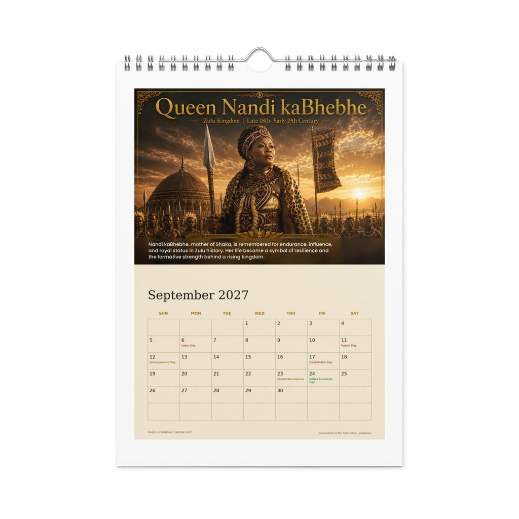 Queens of Alkebulan 2027 wall calendar — September page featuring Queen Nandi kaBhebhe of the Zulu Kingdom