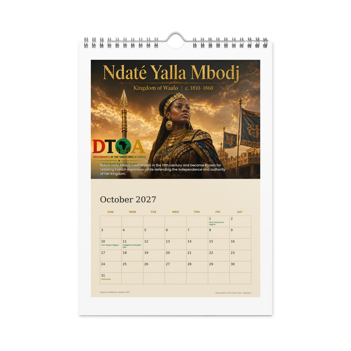 Queens of Alkebulan 2027 wall calendar — October page featuring Ndaté Yalla Mbodj of the Kingdom of Waalo