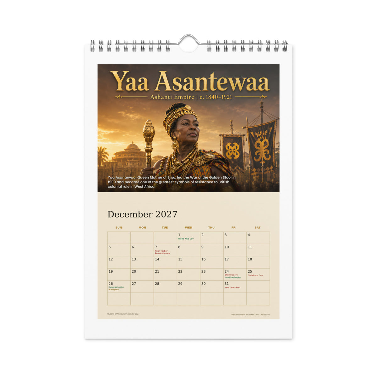 Queens of Alkebulan 2027 wall calendar — December page featuring Yaa Asantewaa of the Ashanti Empire