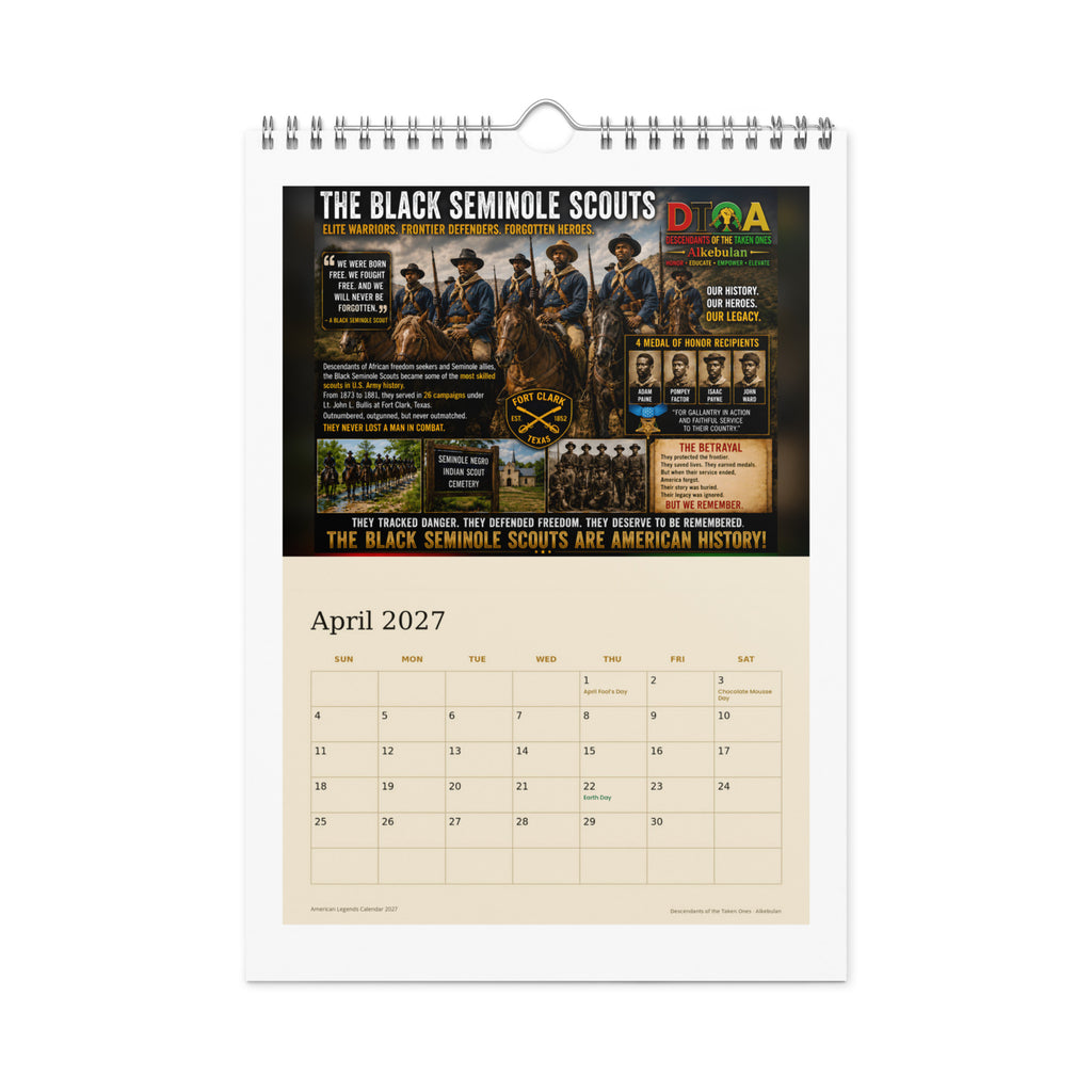 American Legends 2027 wall calendar — April page featuring the Black Seminole Scouts, Medal of Honor recipients