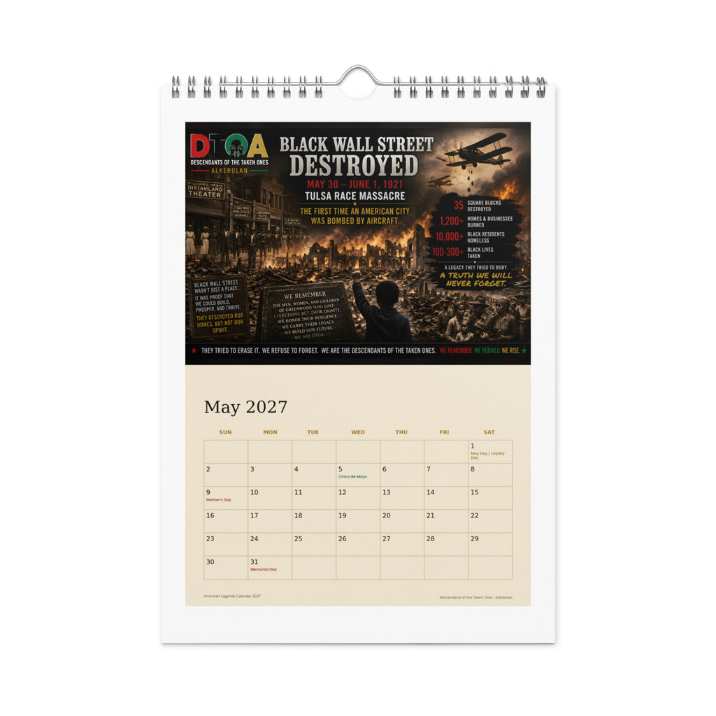 American Legends 2027 wall calendar — May page marking the destruction of Black Wall Street in the 1921 Tulsa Race Massacre