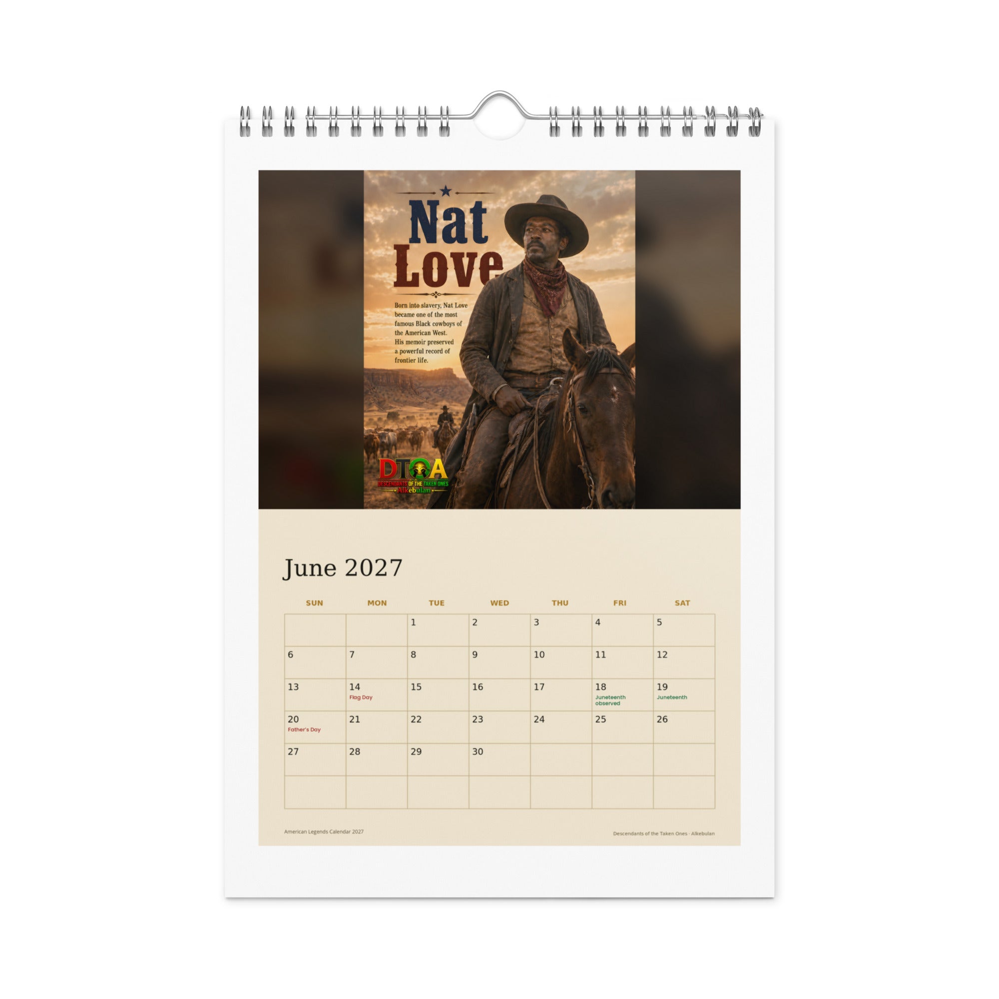 American Legends 2027 wall calendar — June page featuring Nat Love, legendary Black cowboy of the American West