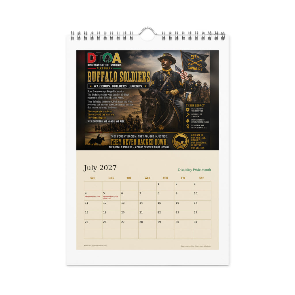 American Legends 2027 wall calendar — July page featuring the Buffalo Soldiers