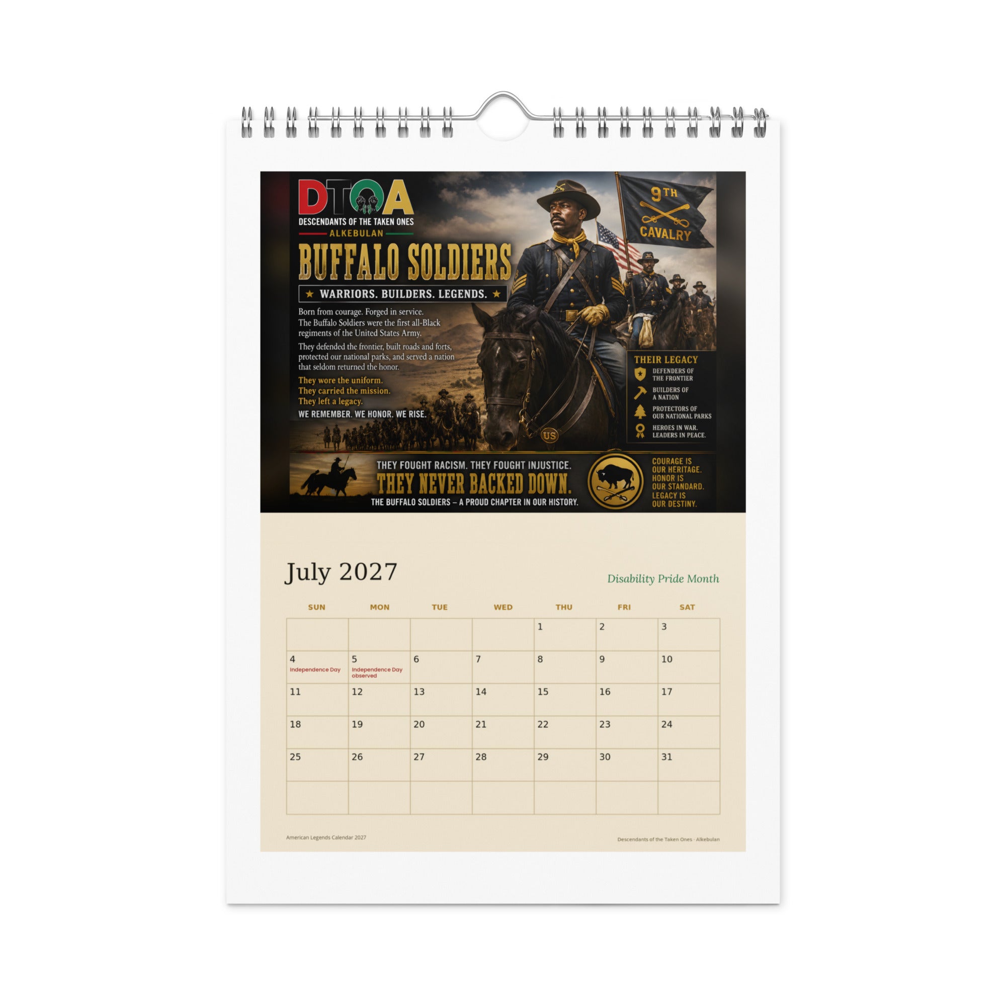 American Legends 2027 wall calendar — July page featuring the Buffalo Soldiers