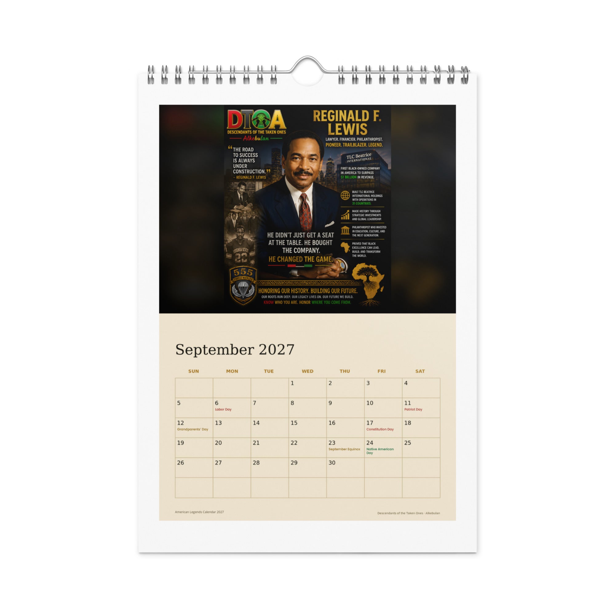 American Legends 2027 wall calendar — September page featuring Reginald F. Lewis, pioneering Black business leader