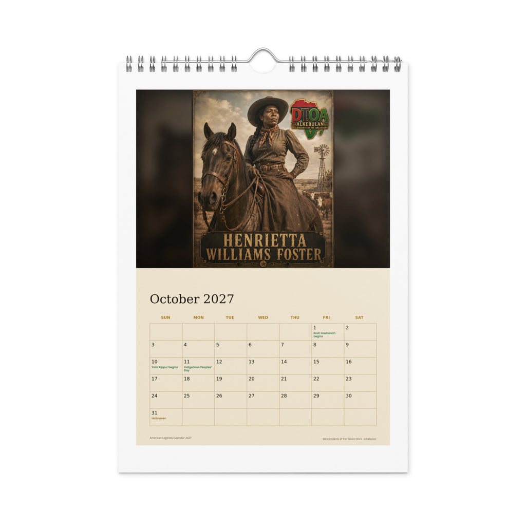 American Legends 2027 wall calendar — October page featuring Henrietta Williams Foster, cowgirl of the Texas frontier