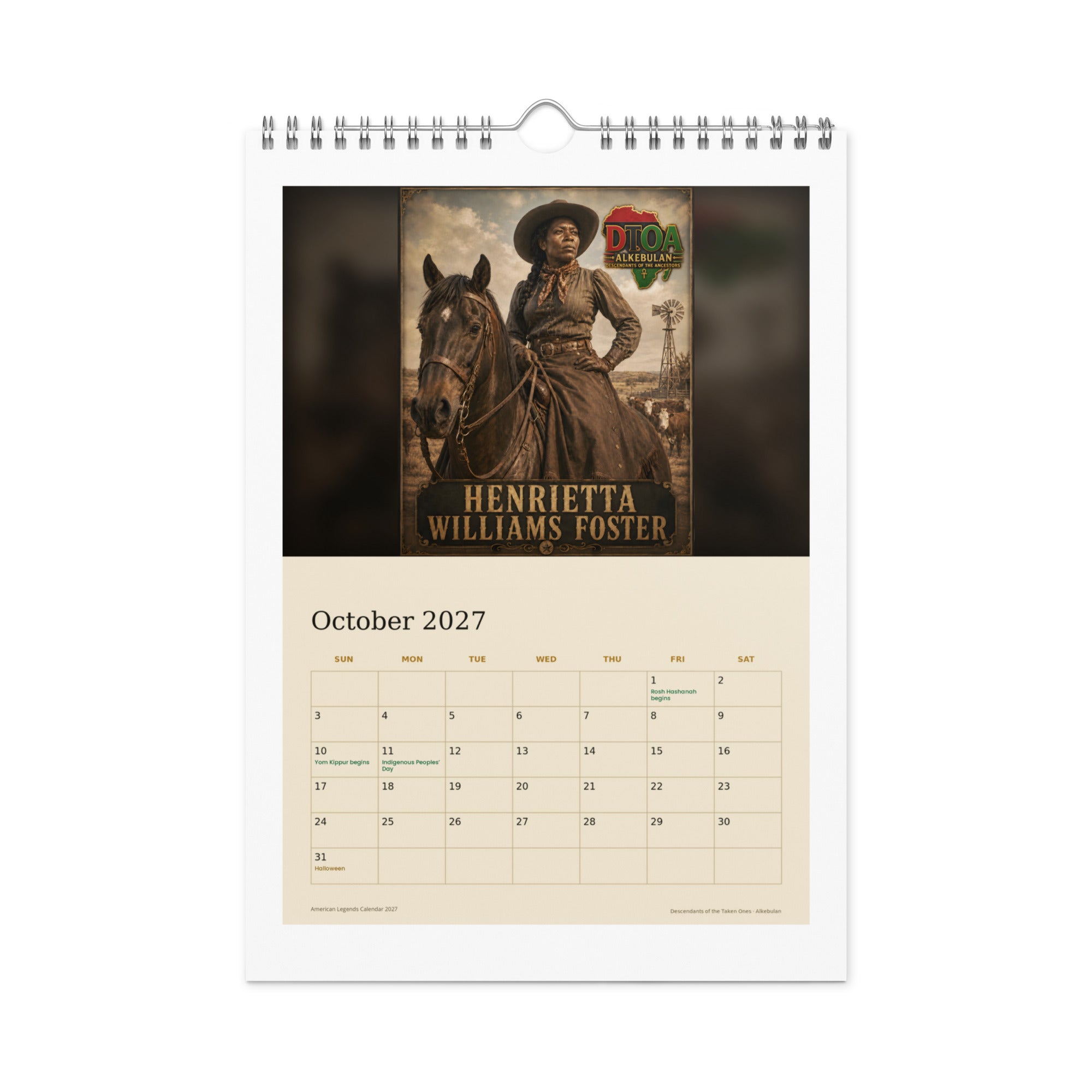 American Legends 2027 wall calendar — October page featuring Henrietta Williams Foster, cowgirl of the Texas frontier