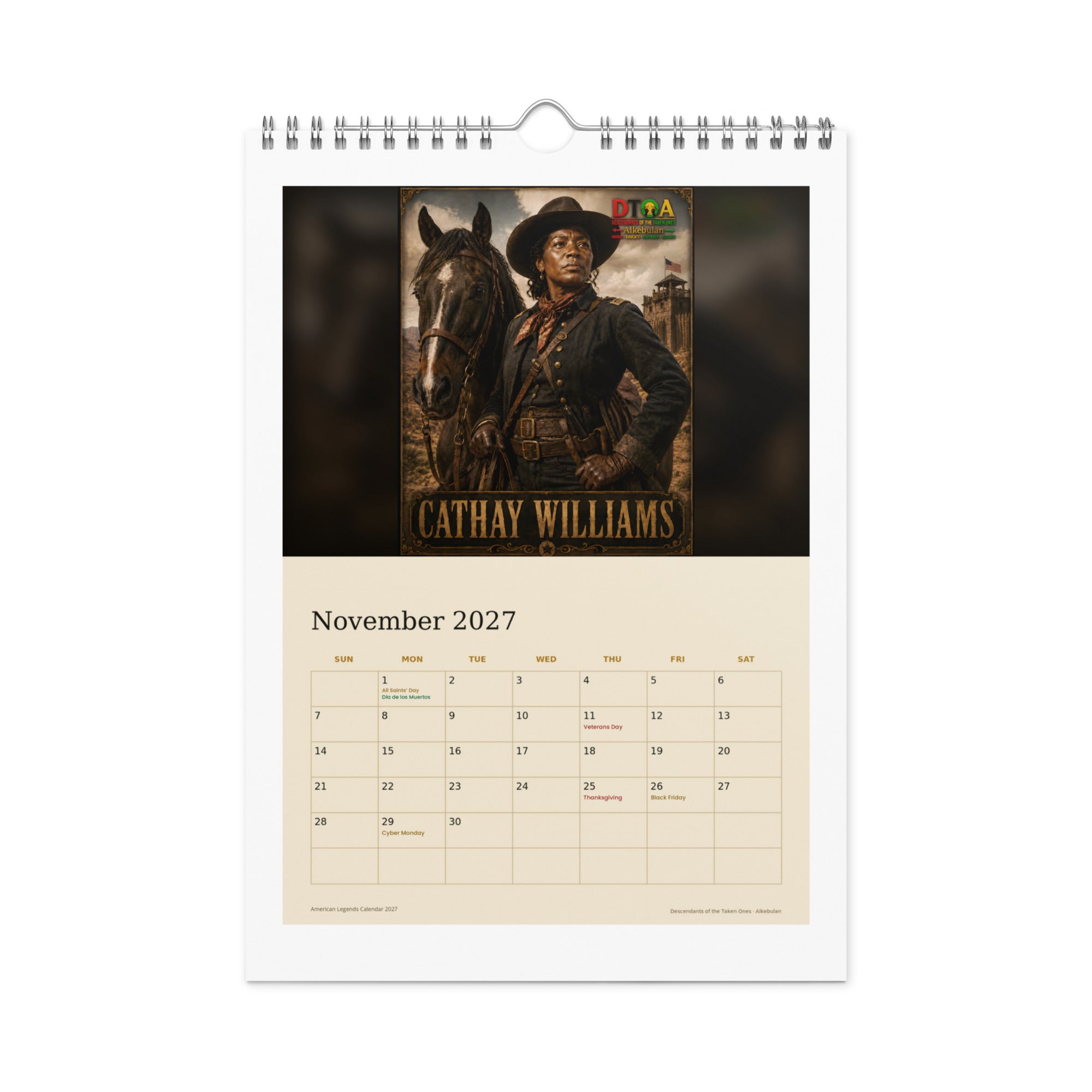 American Legends 2027 wall calendar — November page featuring Cathay Williams, the only woman to serve as a Buffalo Soldier