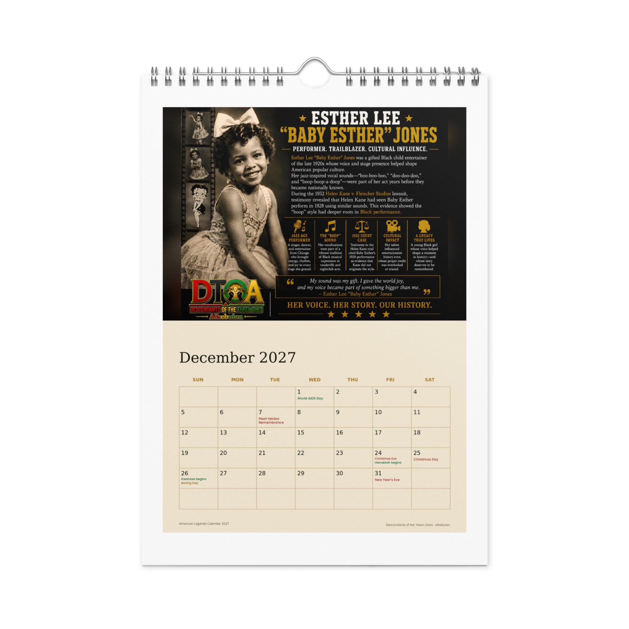 American Legends 2027 wall calendar — December page featuring Esther Lee "Baby Esther" Jones, the voice behind a cultural icon