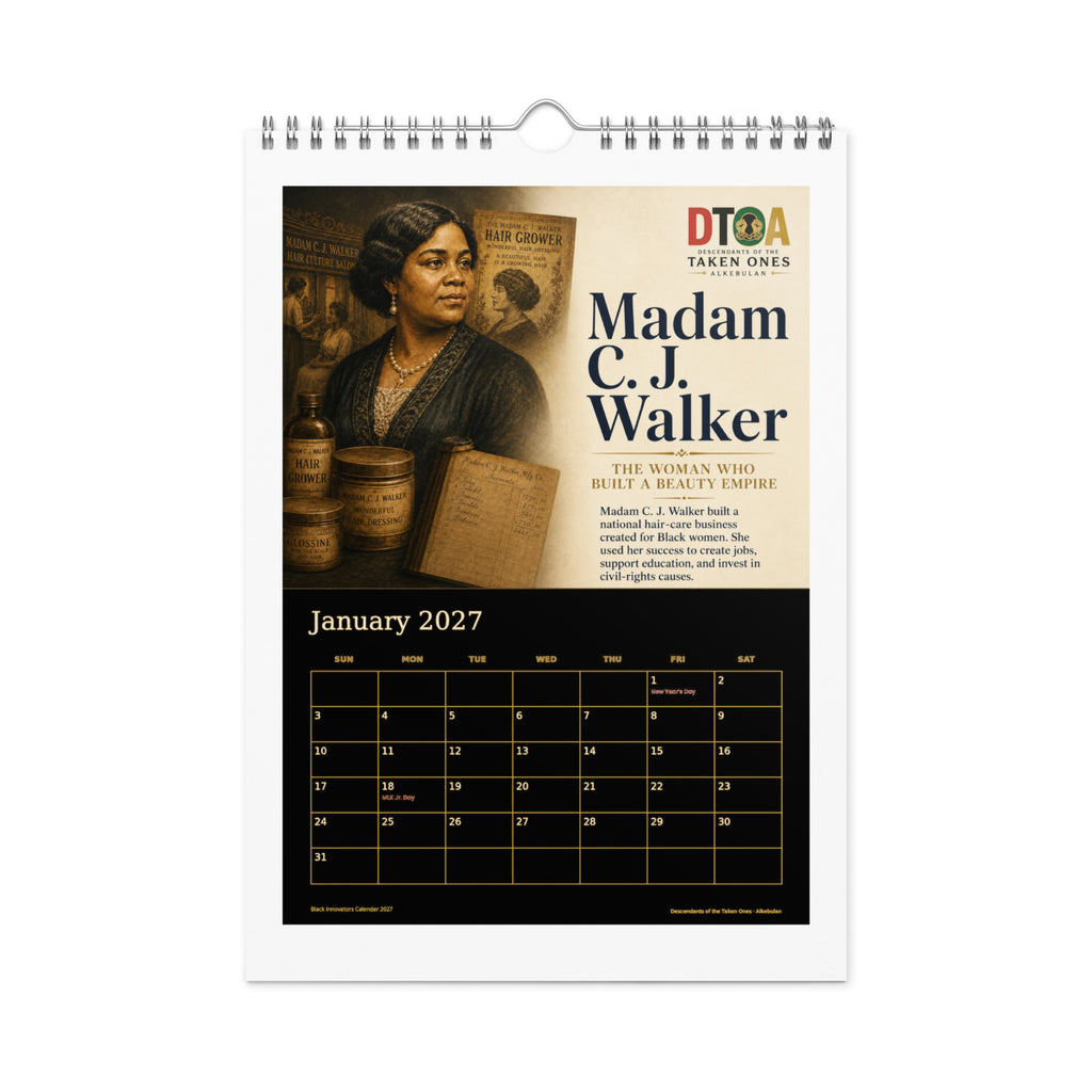 Black Innovators 2027 wall calendar, Black & Gold Edition — January page featuring Madam C.J. Walker