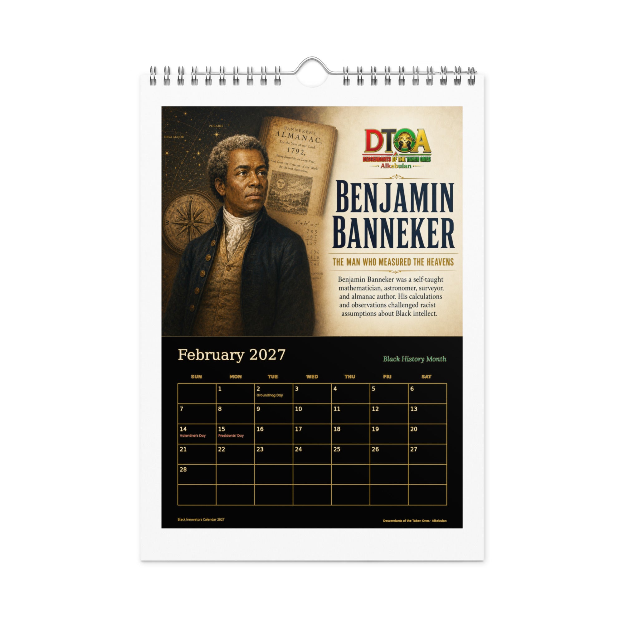 Black Innovators 2027 wall calendar, Black & Gold Edition — February page featuring Benjamin Banneker, astronomer and almanac author