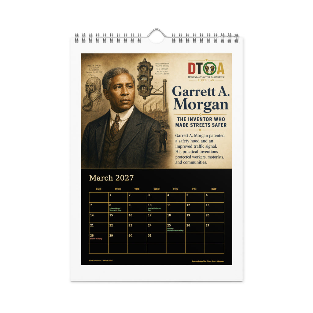 Black Innovators 2027 wall calendar, Black & Gold Edition — March page featuring Garrett A. Morgan, inventor of the traffic signal