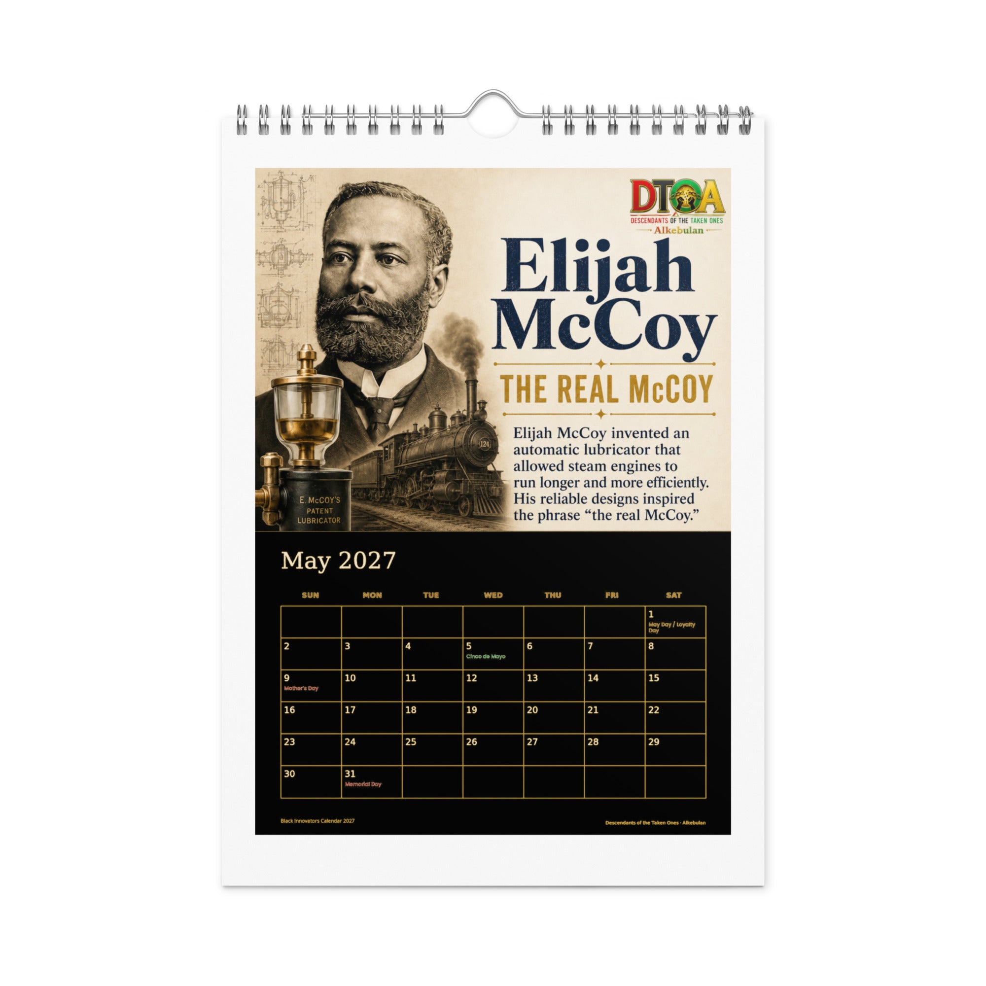 Black Innovators 2027 wall calendar, Black & Gold Edition — May page featuring Elijah McCoy, the real McCoy of industrial lubrication