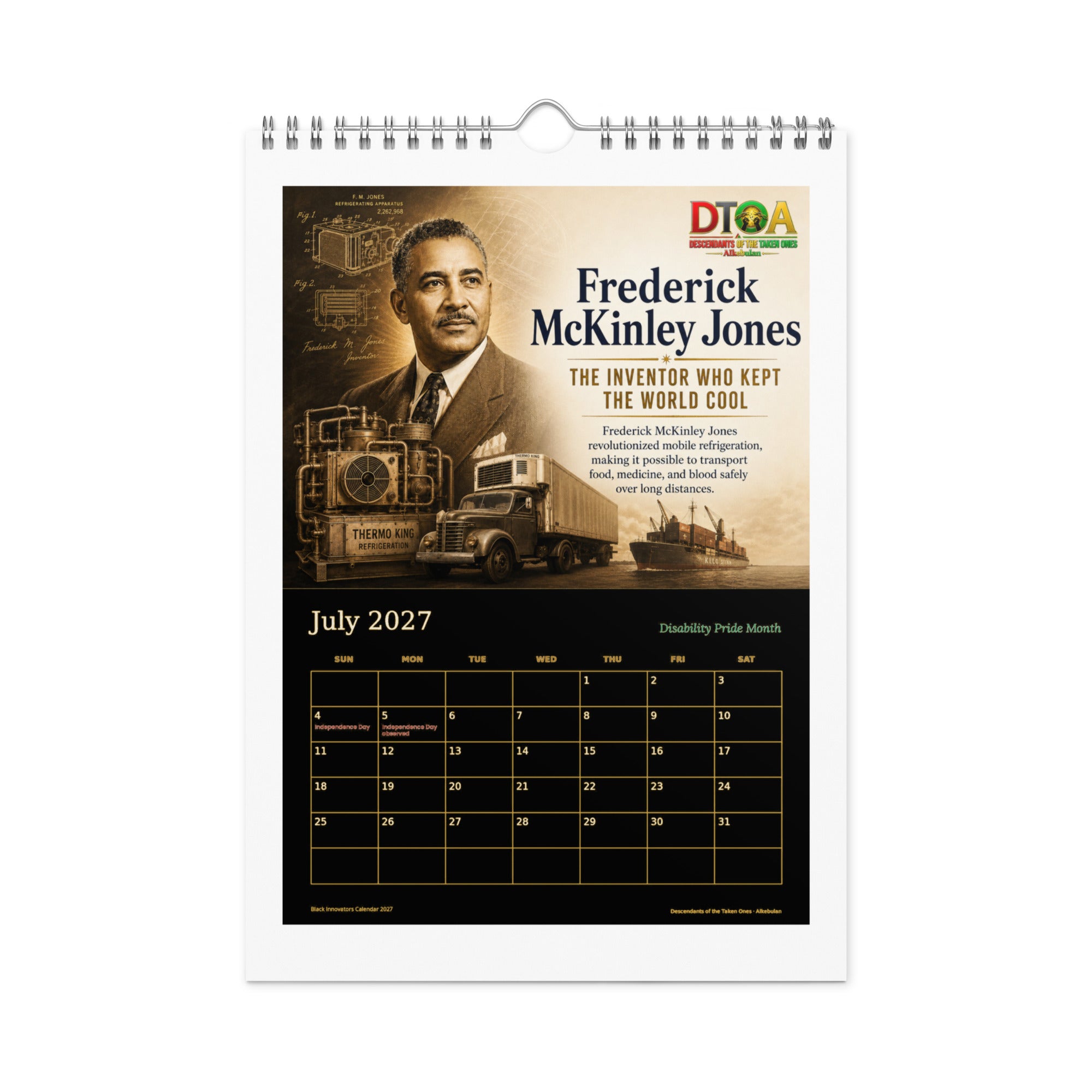 Black Innovators 2027 wall calendar, Black & Gold Edition — July page featuring Frederick McKinley Jones, inventor of mobile refrigeration