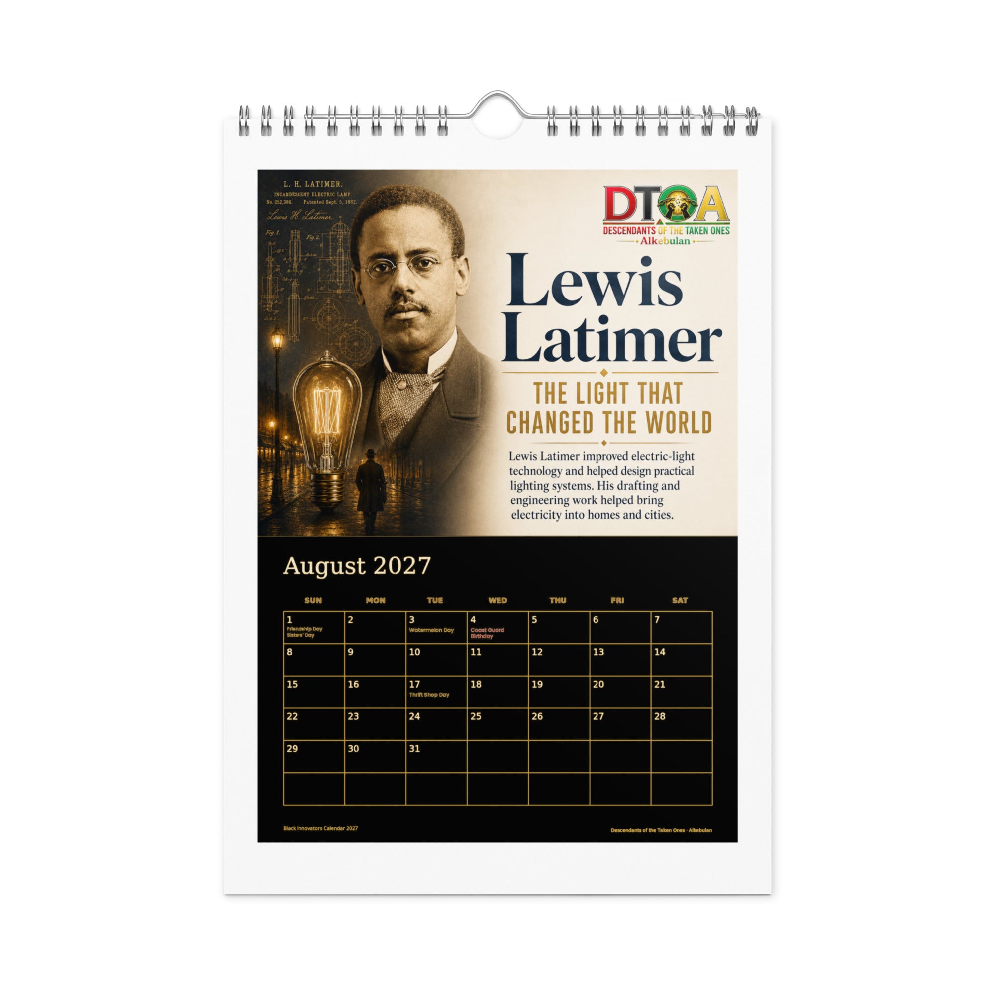 Black Innovators 2027 wall calendar, Black & Gold Edition — August page featuring Lewis Latimer, whose carbon filament changed the light bulb