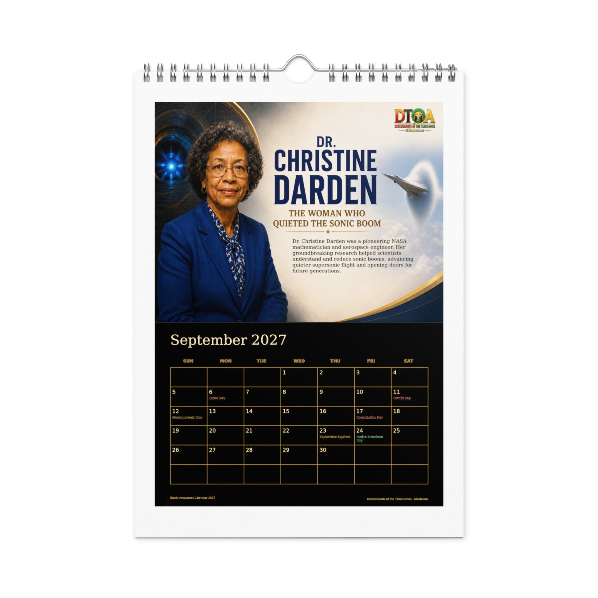 Black Innovators 2027 wall calendar, Black & Gold Edition — September page featuring Christine Darden, NASA aeronautical engineer