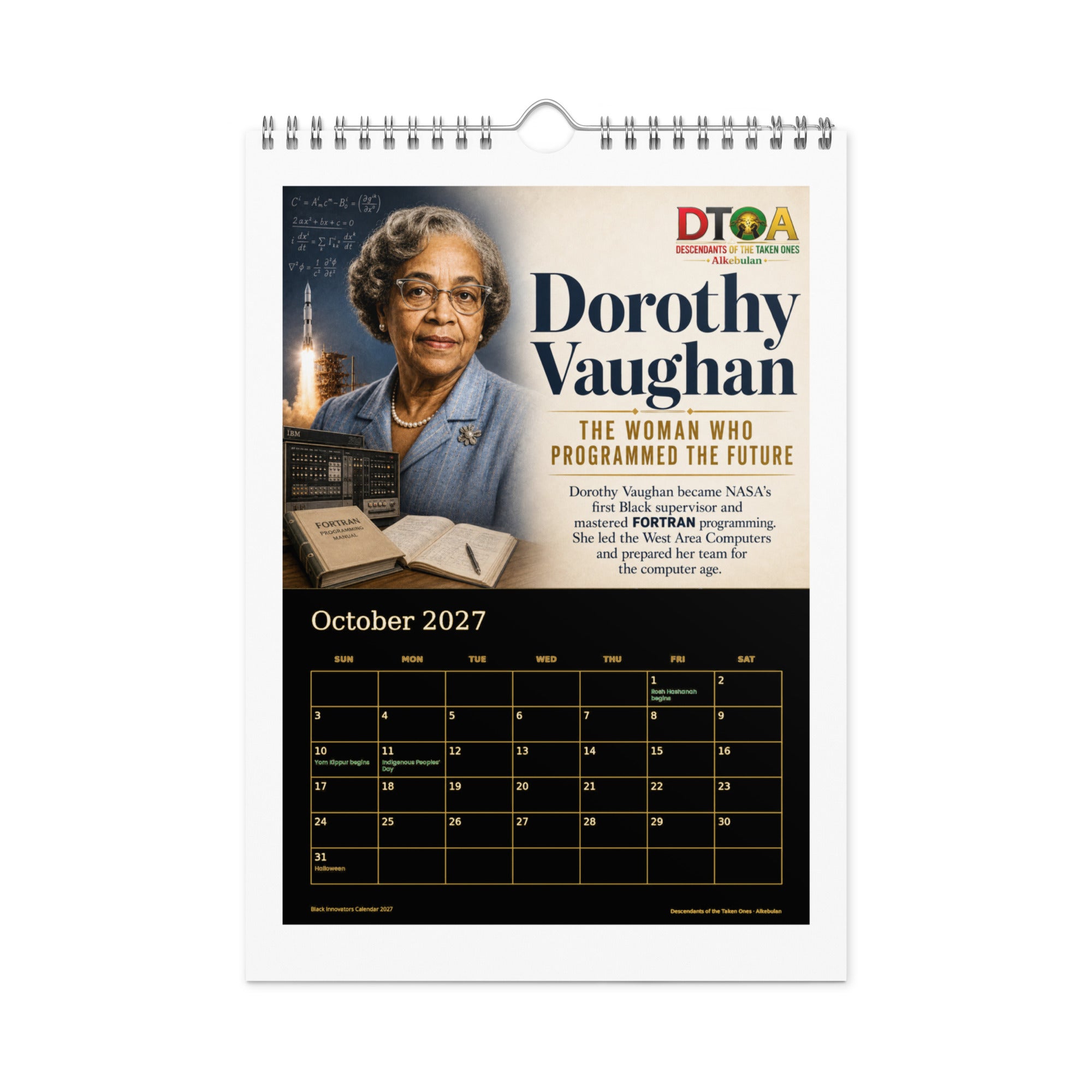 Black Innovators 2027 wall calendar, Black & Gold Edition — October page featuring Dorothy Vaughan, NASA mathematician
