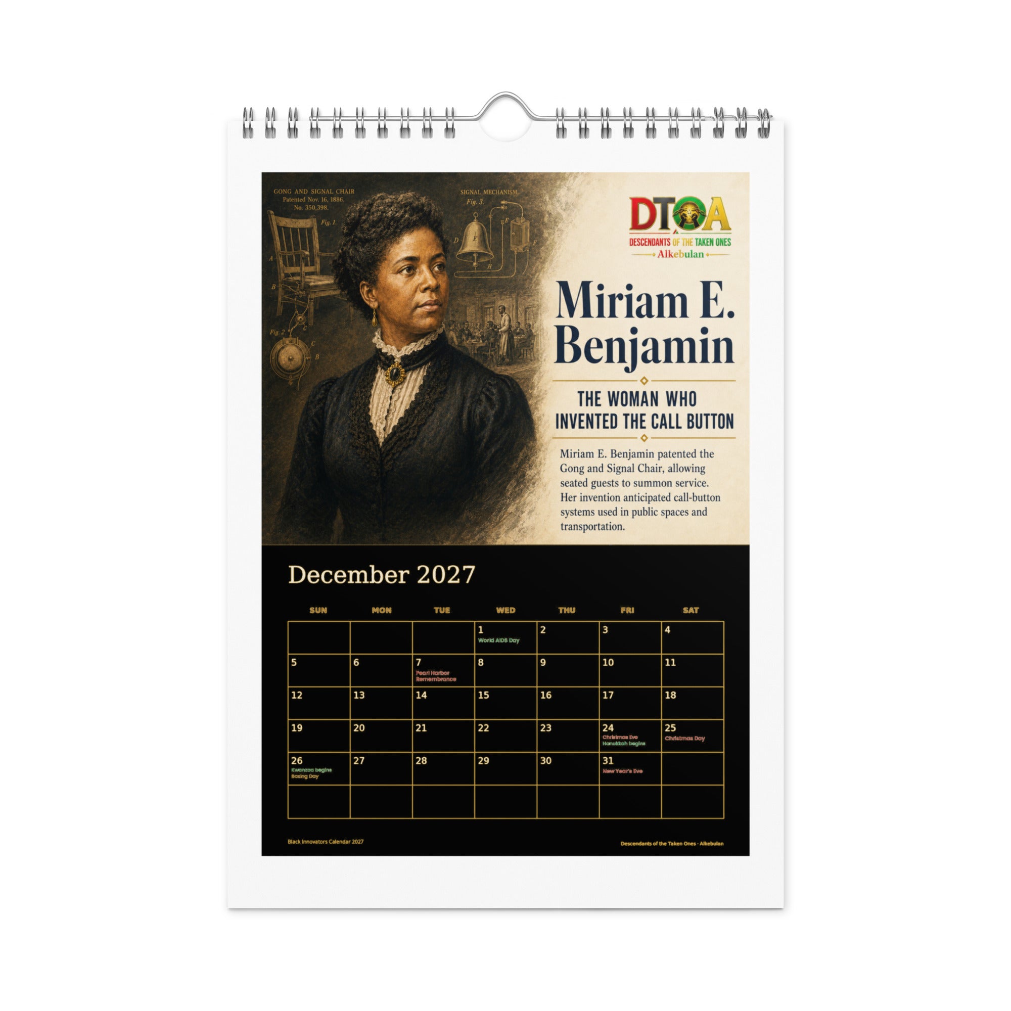 Black Innovators 2027 wall calendar, Black & Gold Edition — December page featuring Miriam E. Benjamin, inventor of the call button