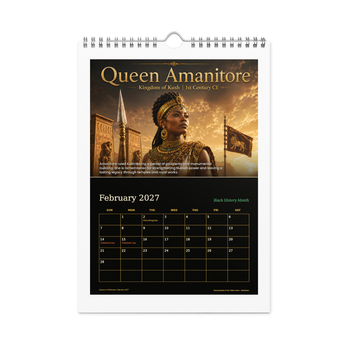 Queens of Alkebulan 2027 wall calendar, Black & Gold Edition — February page featuring Queen Amanitore of the Kingdom of Kush