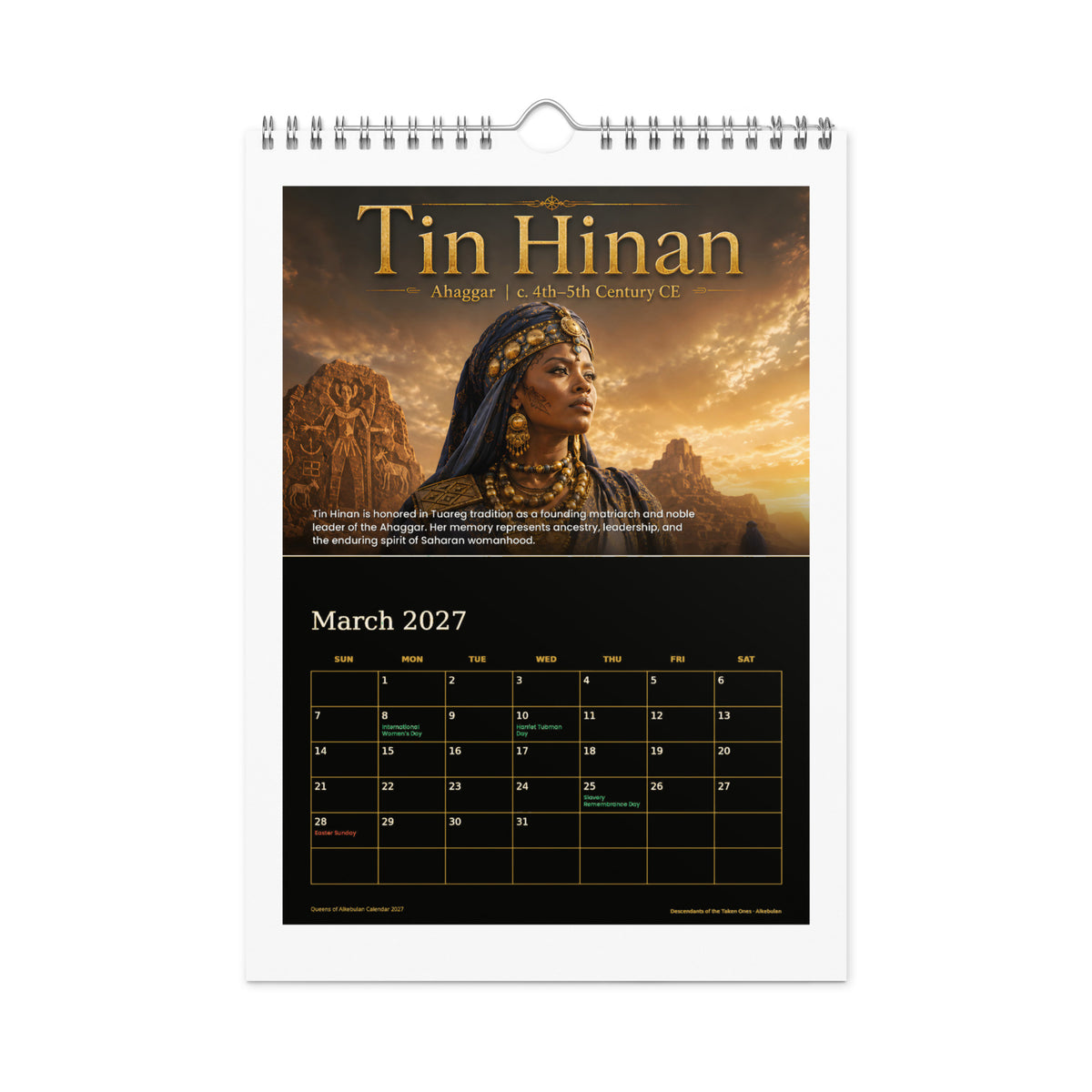 Queens of Alkebulan 2027 wall calendar, Black & Gold Edition — March page featuring Tin Hinan of the Ahaggar
