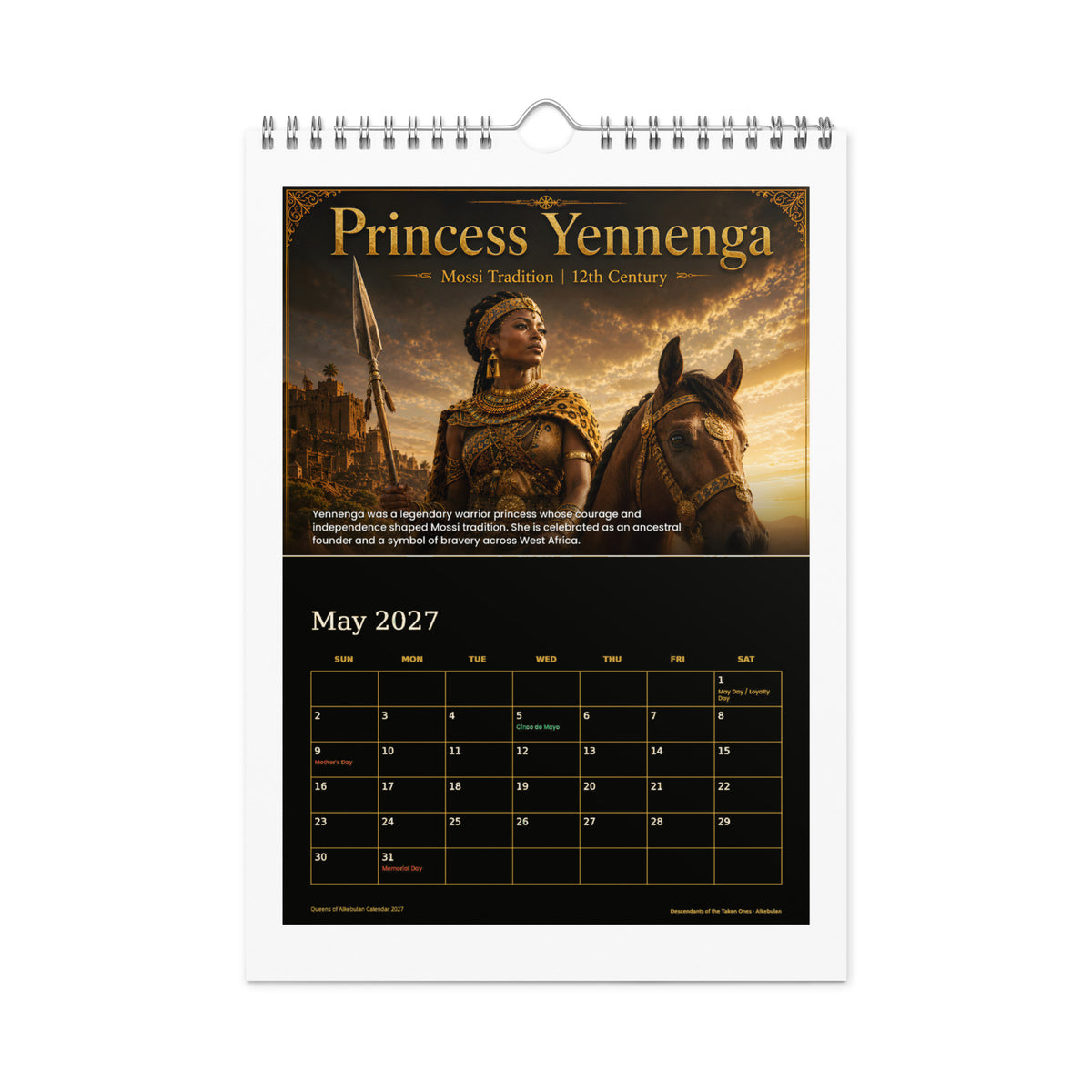Queens of Alkebulan 2027 wall calendar, Black & Gold Edition — May page featuring Princess Yennenga of Mossi tradition