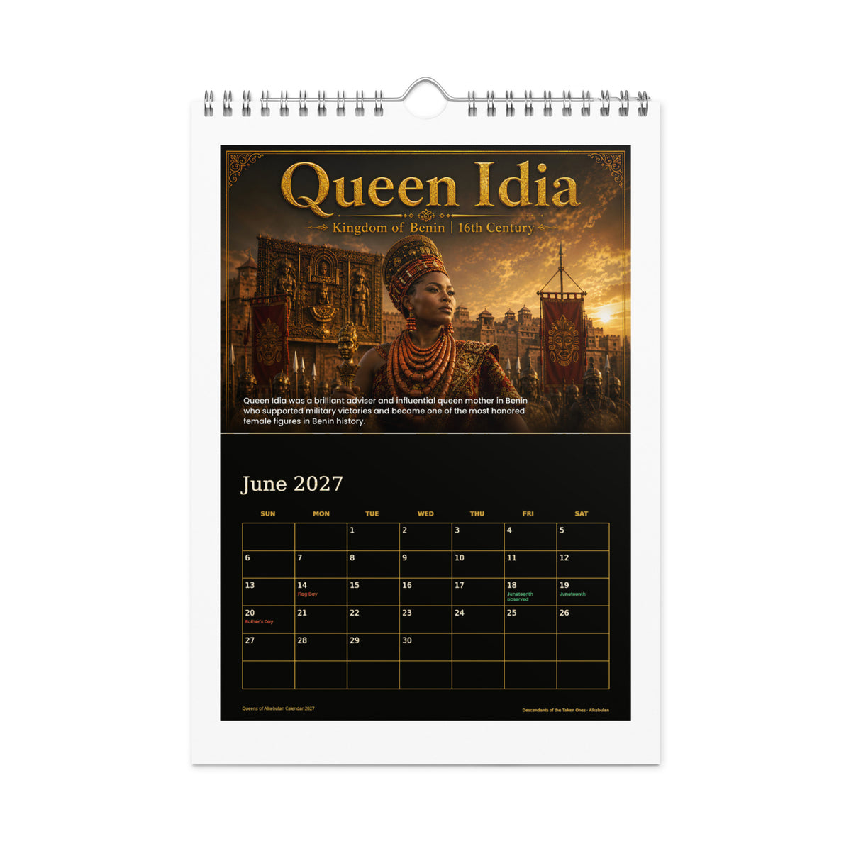 Queens of Alkebulan 2027 wall calendar, Black & Gold Edition — June page featuring Queen Idia of the Kingdom of Benin