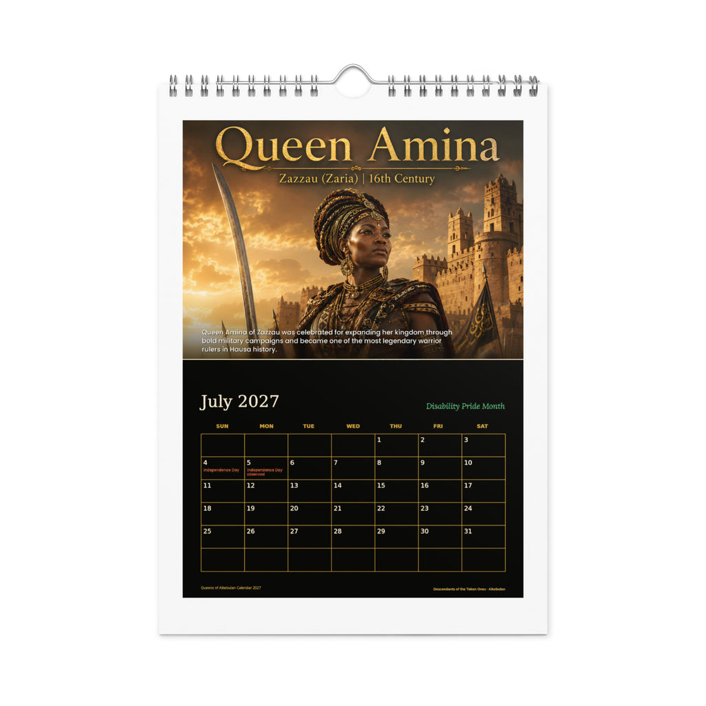 Queens of Alkebulan 2027 wall calendar, Black & Gold Edition — July page featuring Queen Amina of Zazzau