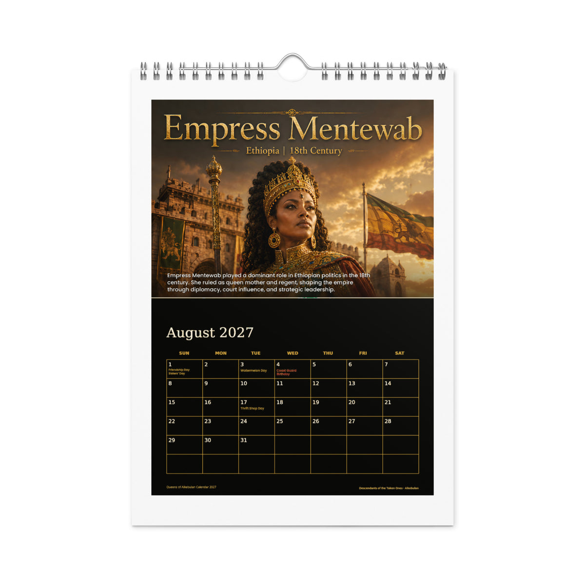 Queens of Alkebulan 2027 wall calendar, Black & Gold Edition — August page featuring Empress Mentewab of Ethiopia