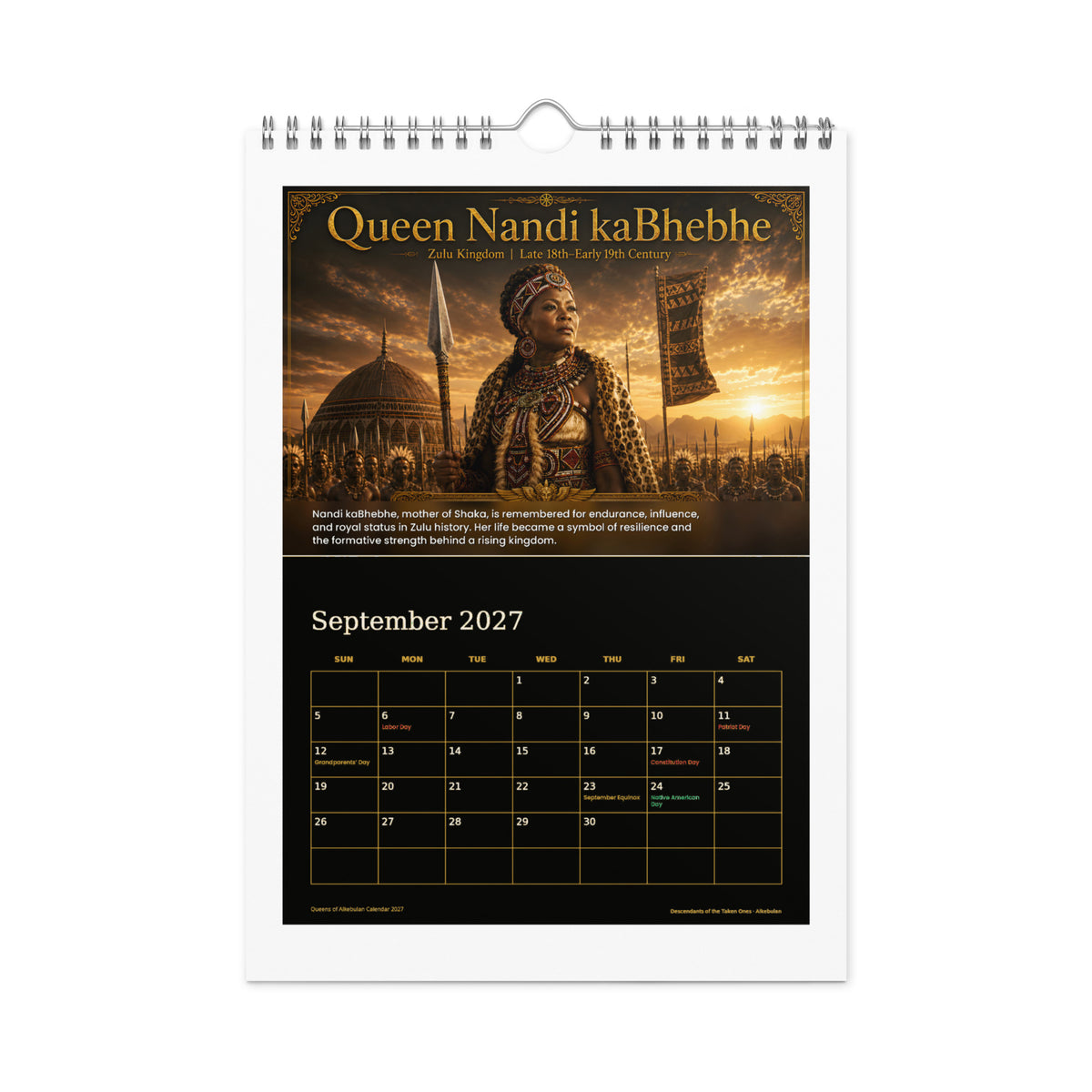 Queens of Alkebulan 2027 wall calendar, Black & Gold Edition — September page featuring Queen Nandi kaBhebhe of the Zulu Kingdom
