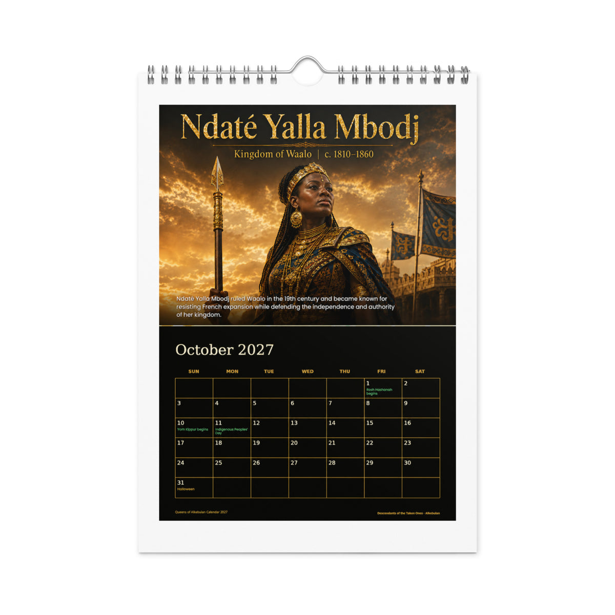Queens of Alkebulan 2027 wall calendar, Black & Gold Edition — October page featuring Ndaté Yalla Mbodj of the Kingdom of Waalo