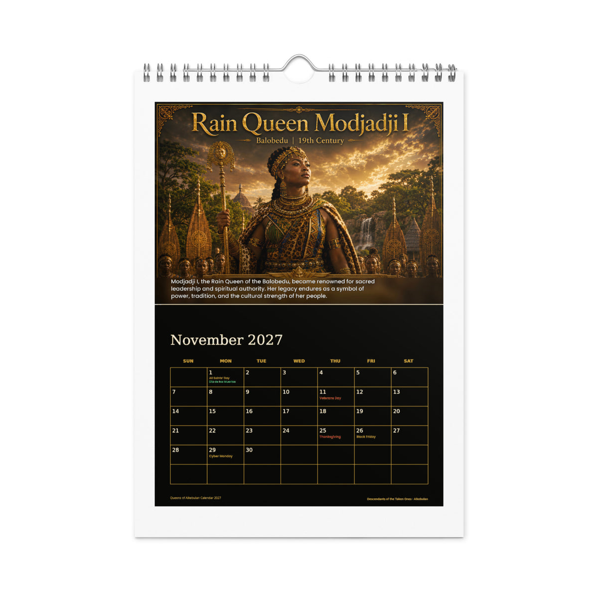 Queens of Alkebulan 2027 wall calendar, Black & Gold Edition — November page featuring Rain Queen Modjadji I of the Balobedu