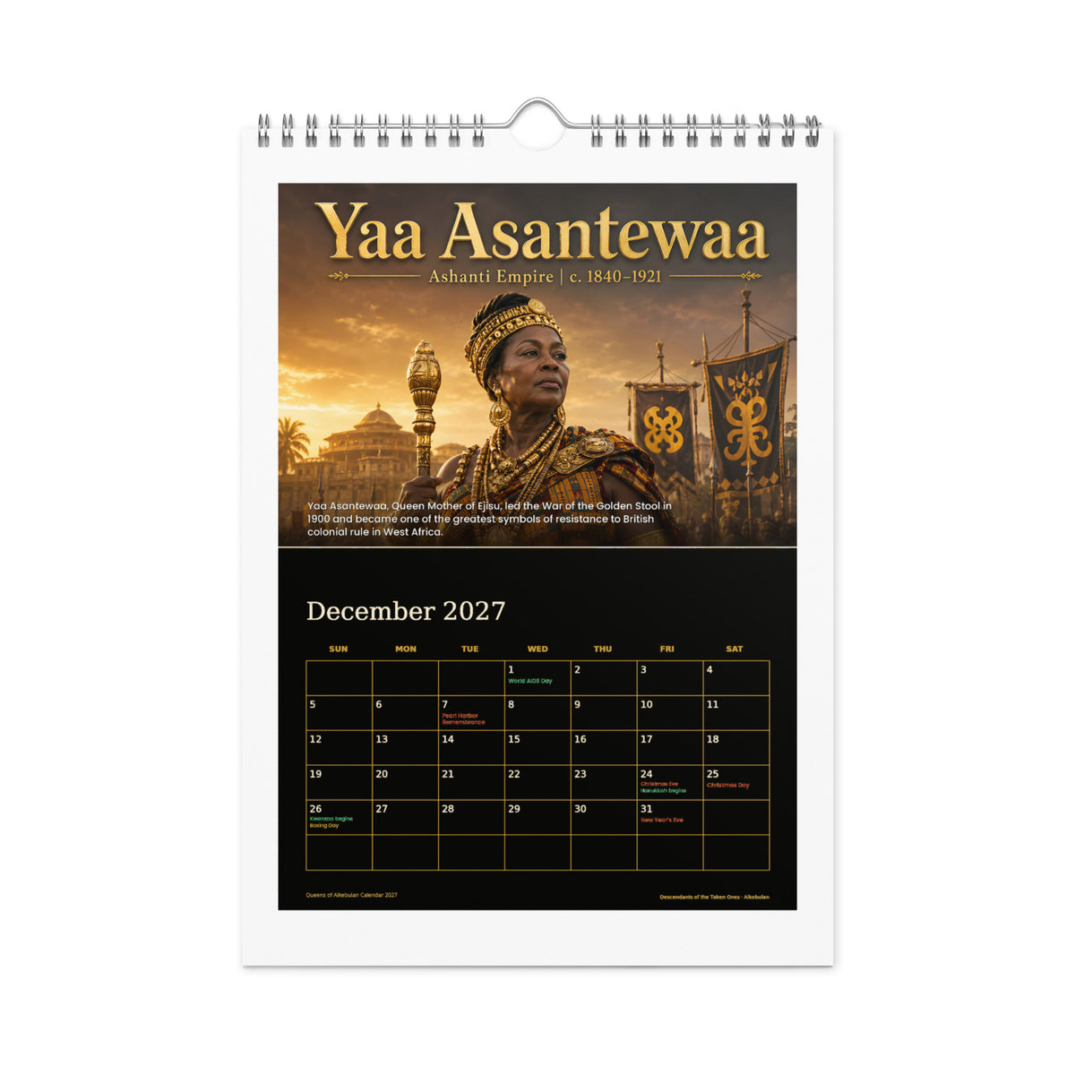 Queens of Alkebulan 2027 wall calendar, Black & Gold Edition — December page featuring Yaa Asantewaa of the Ashanti Empire